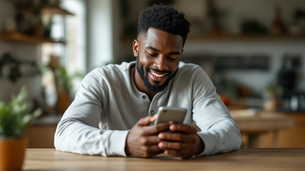 A man at his kitchen table checking his phone, reassured his appeal is handled.