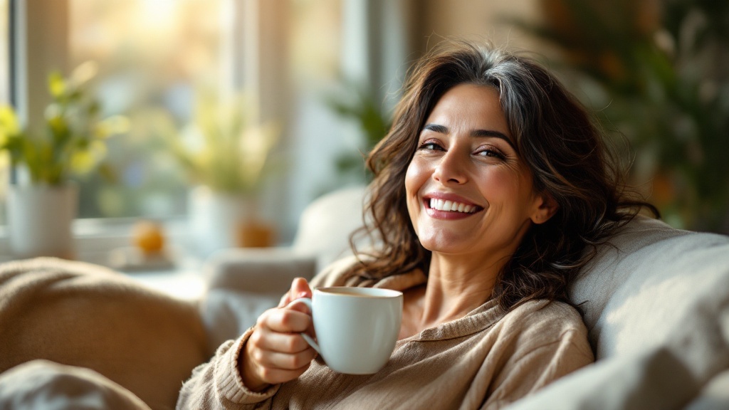 A woman relaxing at home with coffee, relieved her appeal is being handled.