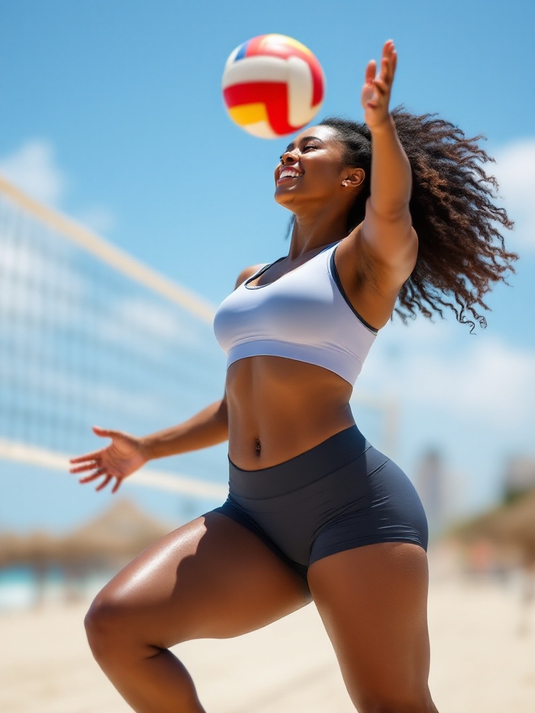An athletic woman playing beach volleyball, active and full of life.