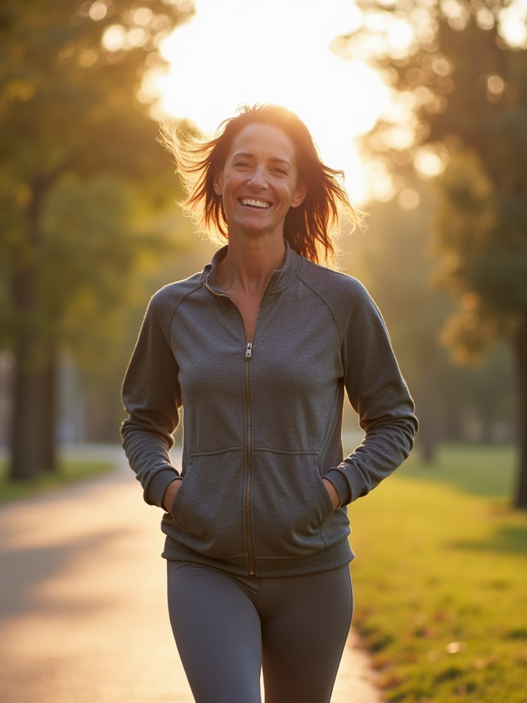 A healthy woman walks outdoors in daylight, continuing the treatment her plan tried to drop.