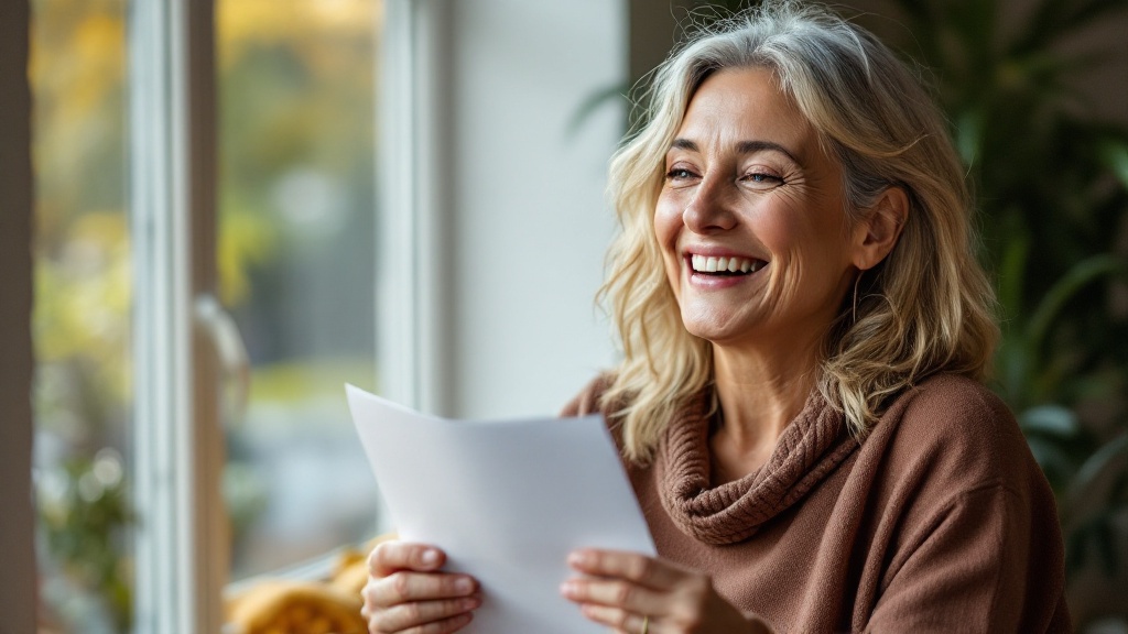 A woman smiling with relief while reading a letter at home.