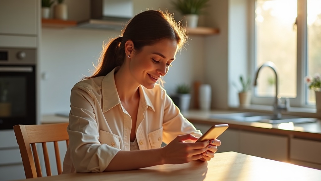 A woman smiling with relief at her sunlit kitchen table.