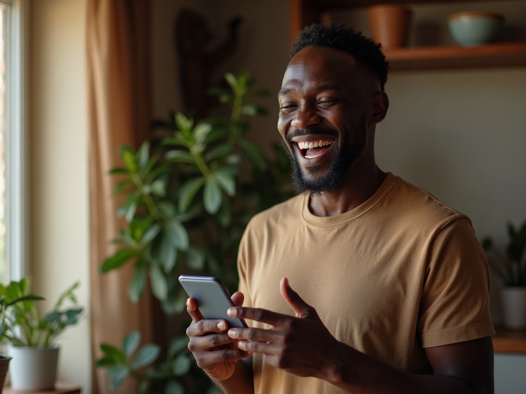 A man laughing with relief while checking his phone.